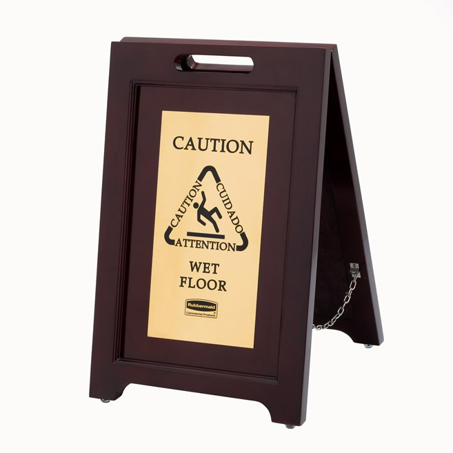EXECUTIVE SERIES™ WOODEN MULTILINGUAL “CAUTION” SIGN, 2 SIDED