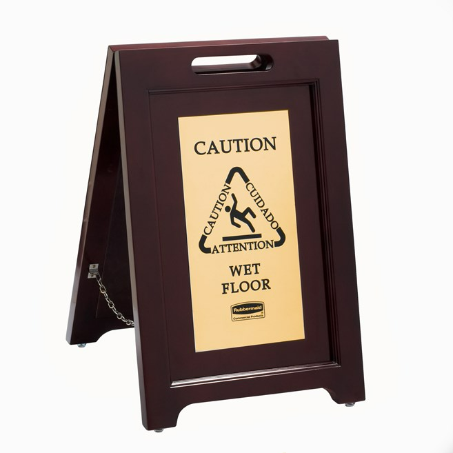 executive series™ wooden multilingual “caution” sign, 2 sided